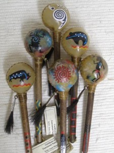 Navajo made painted rawhide rattles